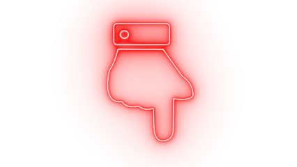 Red neon hand pointing down isolated on transparent background