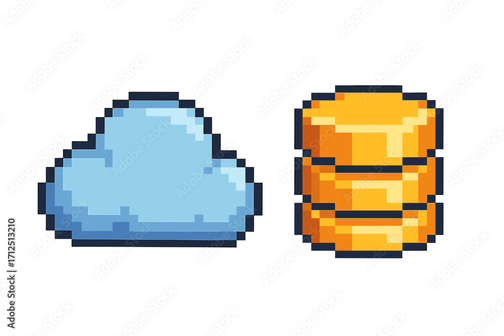 Aufkleber pixel art cloud and database icons. 8-bit style vector illustration set. cloud computing, data stora