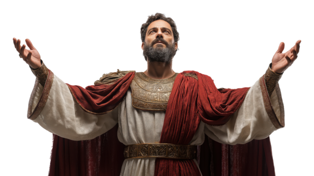 Pontius Pilate full body on transparent background, Roman governor in uniform holding staff, isolated biblical figure PNG for Christian and historical themes.