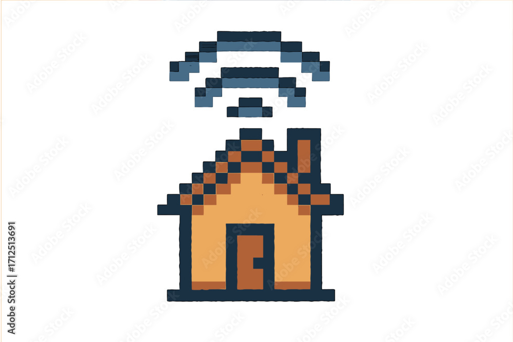 Poster smart home concept with house and wifi signal. pixel art icon for technology and connectivity. 8-bit