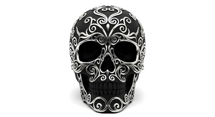 Intricate silver filigree adorns a black skull model, creating a striking contrast against a stark white background. The detailed craftsmanship is captivating.