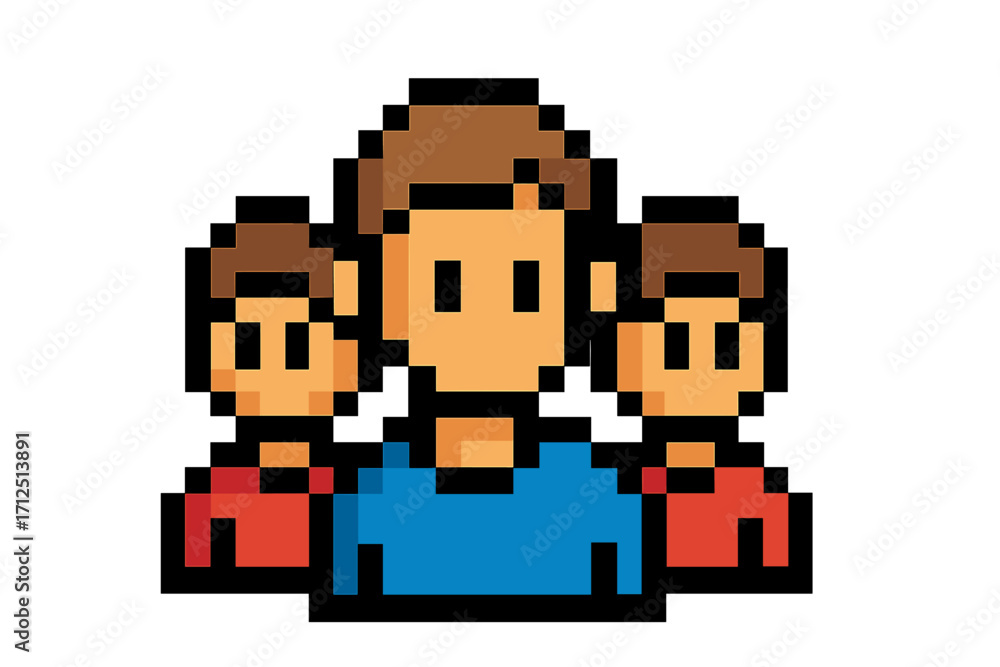 Poster pixel art team icon of three people characters. 8-bit retro style user avatars for business or commu