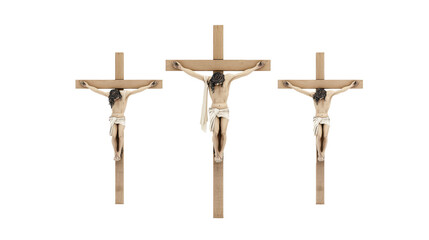 Three wooden crosses on transparent background, Jesus on the center cross with two thieves on the sides, biblical crucifixion scene isolated PNG.