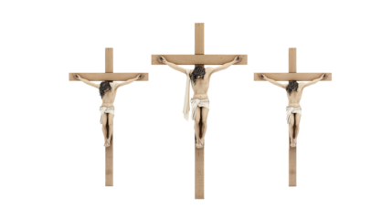 Three wooden crosses on transparent background, Jesus on the center cross with two thieves on the sides, biblical crucifixion scene isolated PNG.