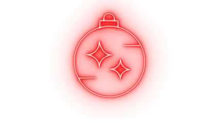 Red neon christmas ornament with stars, isolated on transparent background