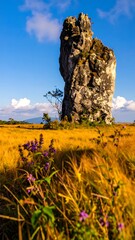 Majestic rock formation in a golden field