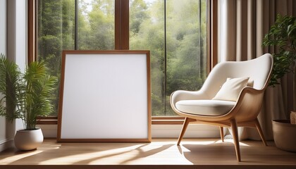 modern frame mockup on top of wood window sill cinematic close up photo round armchair and side table below plain white color art in wood frame