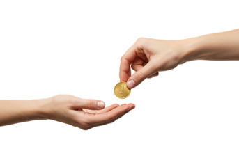 Hand giving golden coin to another hand on white surface, symbolizing donation, investment, or financial transaction with clean and minimalist aesthetic.