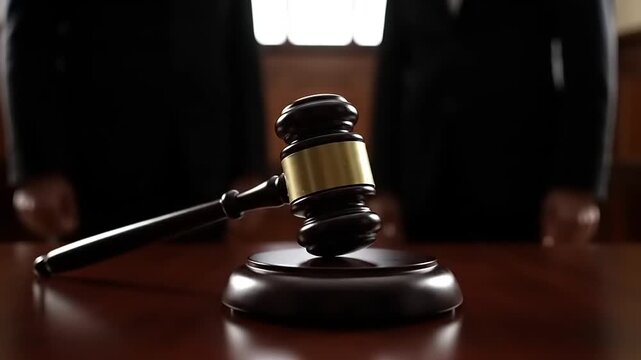 A courtroom scene, judge's gavel resting on a table, silhouettes of lawyers in the background, symbolizing teamwork and legal service, dramatic lighting, dark academia style, 8k resolution, highly det