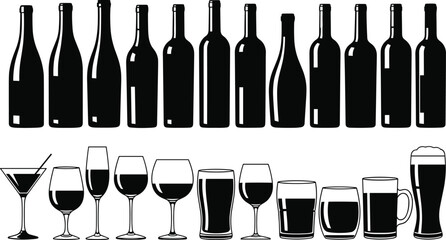 Bottle and glass silhouette set, beverage service vector, packaging design comparison, black and white illustration for hospitality, branding, and product identity themes