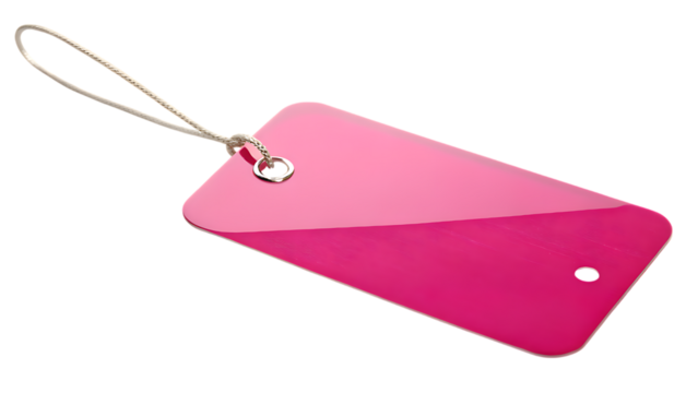 A bright pink and light pink rectangular tag with a white string attached isolated on transparent background