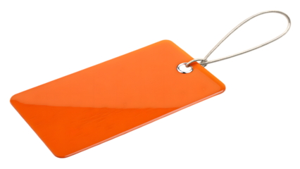 A single bright orange rectangular tag with a silver wire loop attached isolated on transparent background