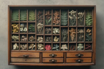 A vintage wooden cabinet with drawers displaying a collection of pressed flowers, ferns, and other botanical specimens in individual compartments.