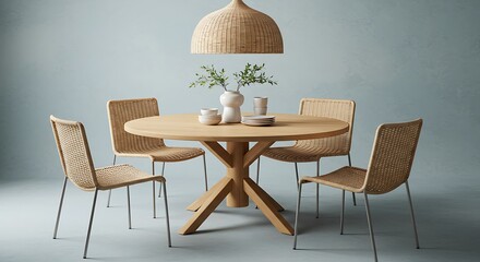 Modern Round Dining Table with Four Chairs and Pendant Light in Minimalist Room.