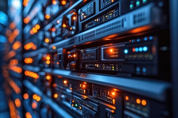Obraz premium Data center servers with blinking lights indicate activity and processing power in a network infrastructure environment.