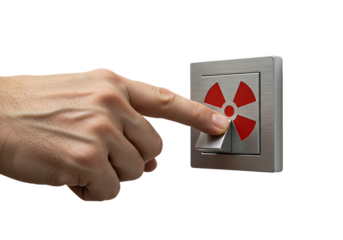 Hand flips switch with radiation symbol on wall, representing nuclear power or danger in a modern, clean setting, conveying a sense of control and warning.