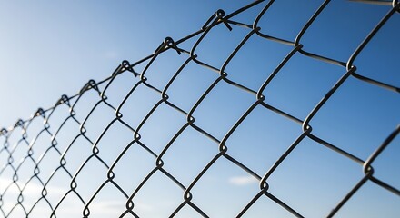 Close up of a chain link fence against a clear blue sky.