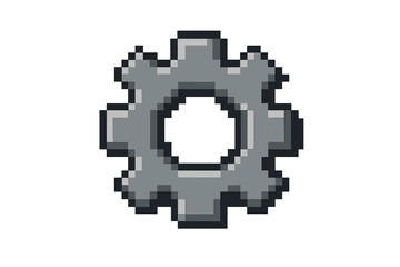 Gear pixel art icon. Settings cogwheel symbol. 8-bit retro gaming style. Mechanical engine part. Vector graphic for options, setup, configuration, process, and system.