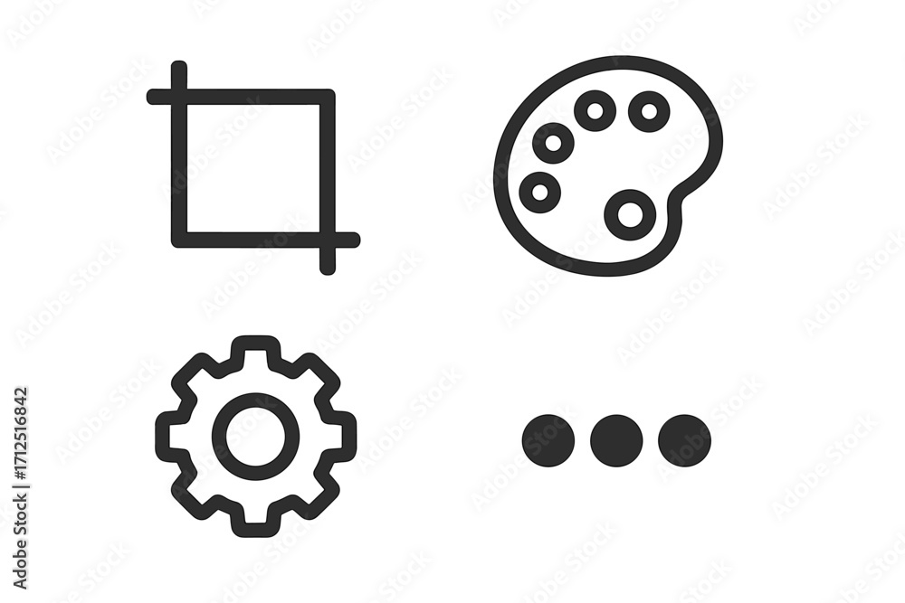 Poster set of essential editing tool icons for ui and ux design. includes crop, color palette, settings gea