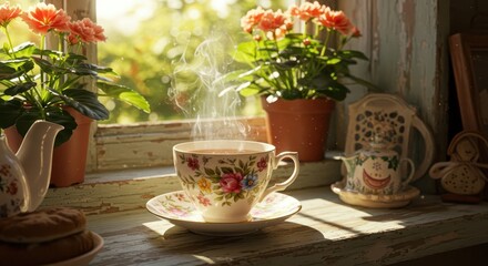 Fototapeta premium A sunny windowsill display of teacup, flowers, and warm treats, showcasing a relaxing atmosphere.