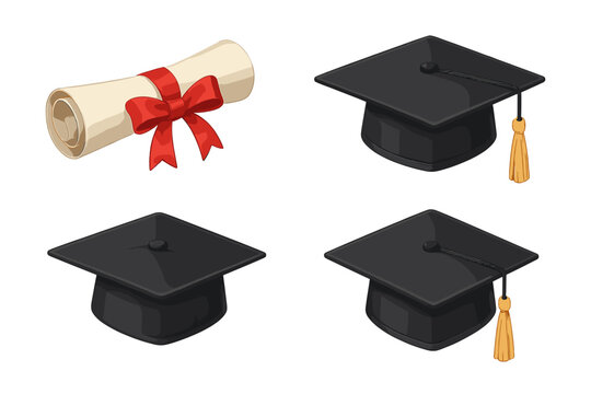 Graduation template set. Realistic graduation hat and diploma. Academic cap, mortarboard and certificate scroll for university, college education. Vector cartoon illustration.