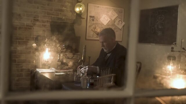 POV from outside a window Victorian scientist using a microscope