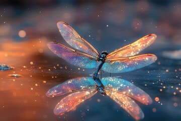 A stunning iridescent dragonfly gracefully reflects in shimmering water, creating a magical and ethereal scene.