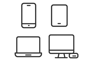 Device icon set. Minimalist line art vector. Smartphone, tablet, laptop, desktop computer pictogram. Modern electronic gadgets for web, app design. Responsive technology symbols.