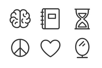 Self care and mental health awareness minimalist icon set. Vector line icons for psychology, personal growth, introspection. Brain, journal, time, peace, love, mirror.