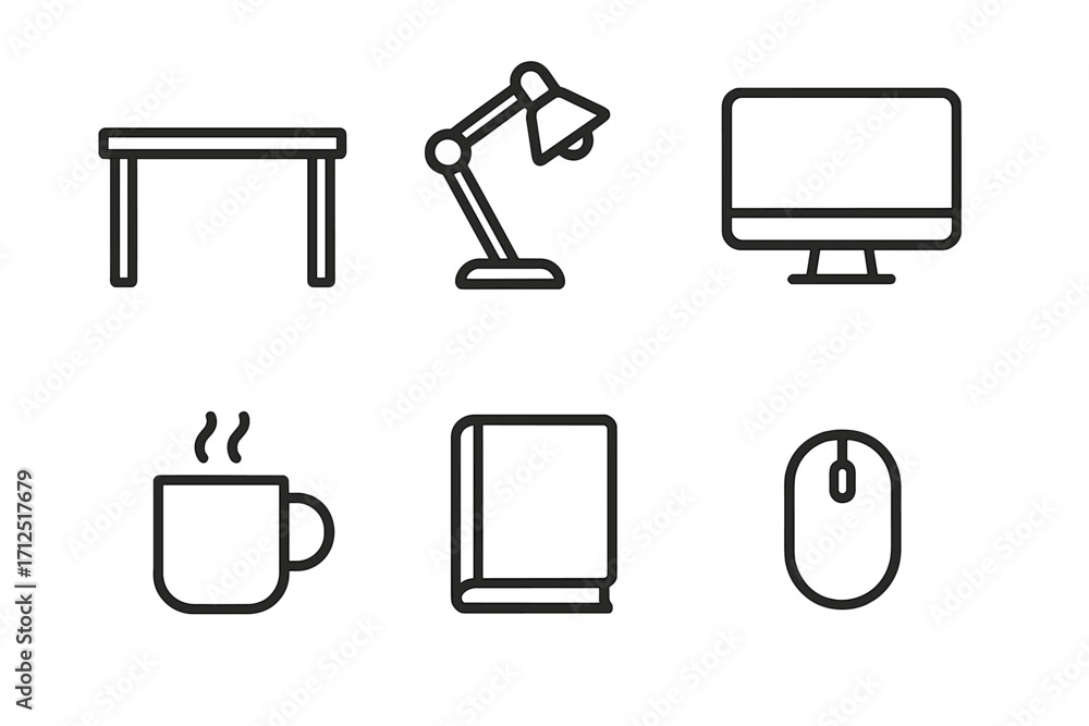 Poster office icons set. minimalist line art collection for business and workspace concepts. vector symbols