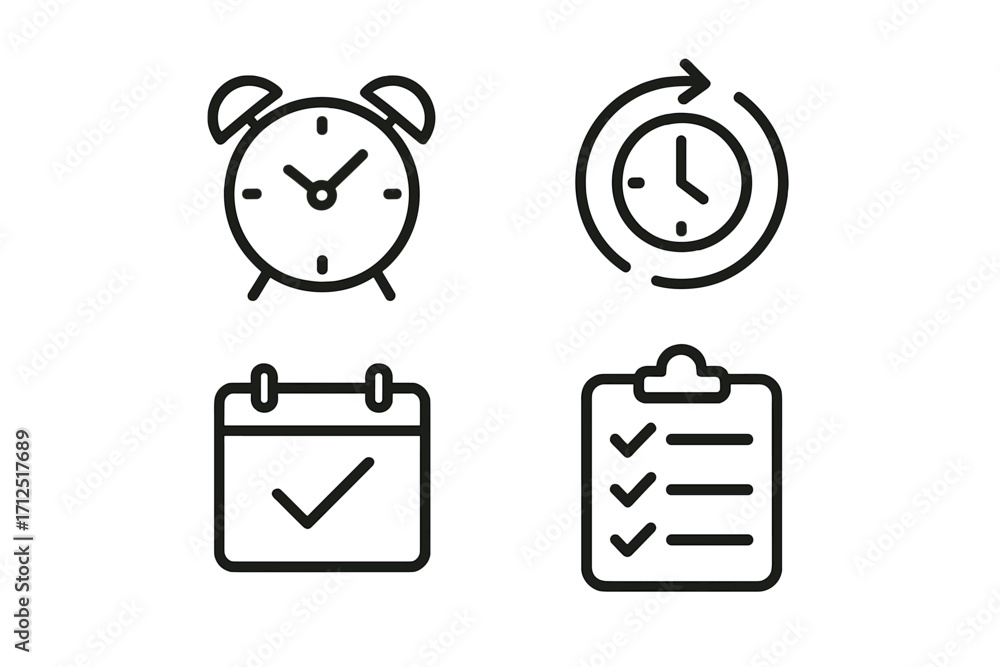 Poster time management icon set. minimalist outline icons for organization and productivity. vector illustr