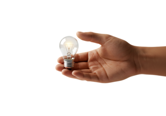 Hand holding a small lightbulb against a white backdrop, symbolizing innovation and bright ideas in a clean and simple composition.