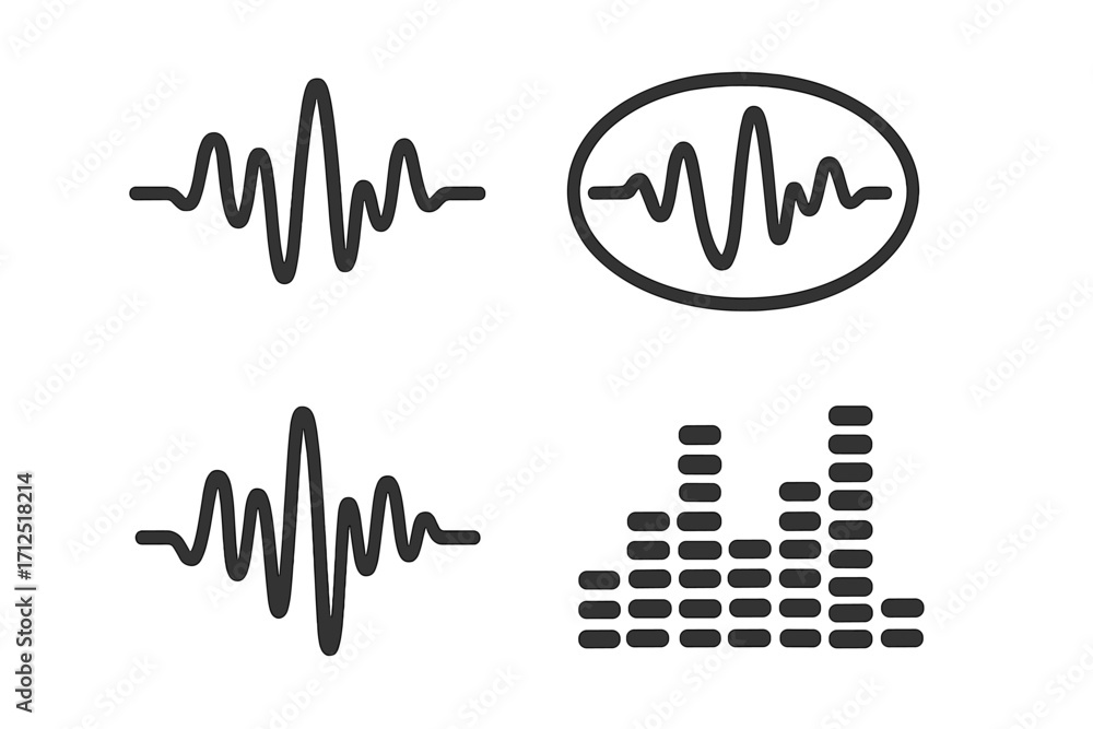Poster Sound wave icon set. Audio waveform and music equalizer symbols. Voice recording signal, radio frequency, or sound amplitude graph. Vector graphic for player interface design.