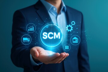 Businessman's open hand presents a futuristic Supply Chain Management vision, illustrating logistic efficiency and innovative strategies within a blue corporate environment