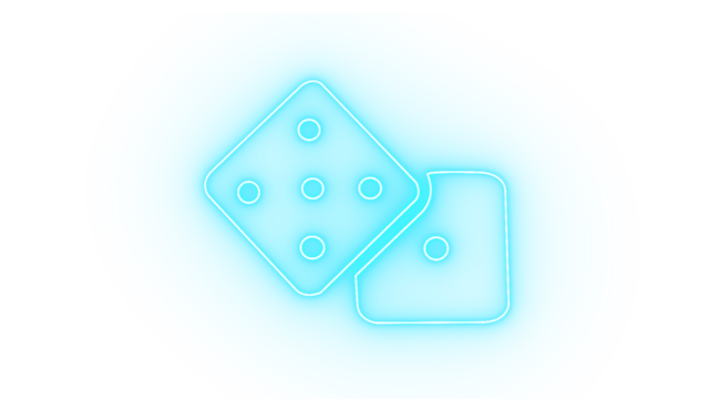 Blue neon dice isolated on transparent background, representing chance, luck, and games of fortune