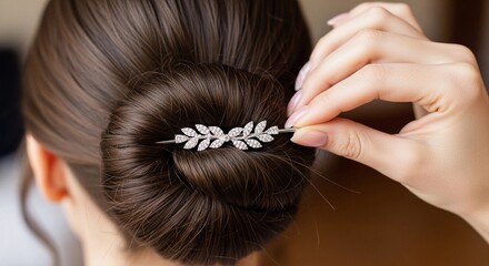 A close-up of a woman's hand styling her hair into a bun. She uses a decorative hairpin with leaf designs. The hair is dark brown and smooth.