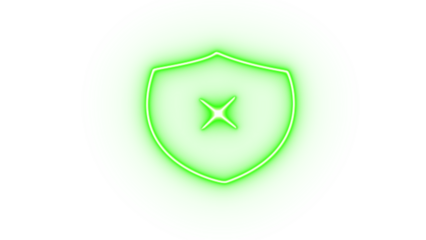 Green neon shield icon with a star in the center, isolated on transparent background