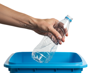Hand throws empty plastic bottle into blue recycling bin against white backdrop, promoting environmental awareness and responsible waste disposal.