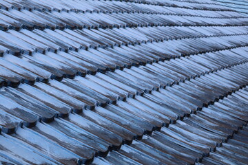 The corrugated metal roof surface shows early signs of discoloration from constant sun and rain exposure, gradually forming subtle black spots that indicate the beginning of natural weathering.