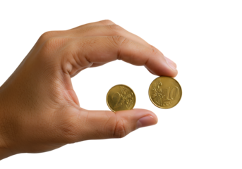 Hand holding two euro coins against white background, symbolizing financial comparison and economic decisions, simple and clean.
