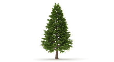A tall, green coniferous tree with a full canopy, set against a white background