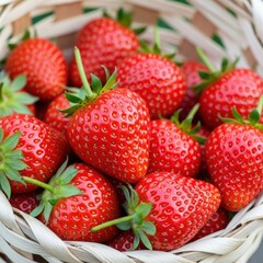 Fresh strawberries in a woven basket ready for a healthy snack or dessert treat