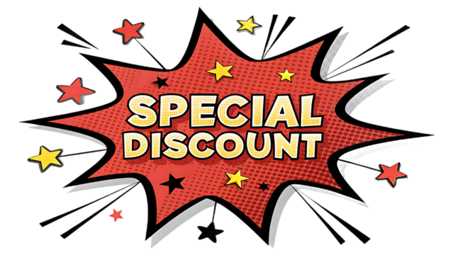Retro comic book style explosion shape with the words special discount and small stars isolated on transparent background