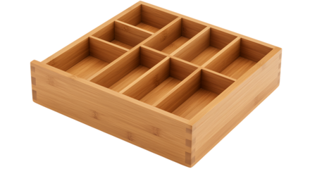 Wooden divided organizer tray perfect for desk or drawer storage on transparent background