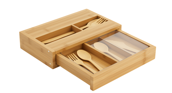 Wooden cutlery organizer with open drawer showcasing utensils on transparent background
