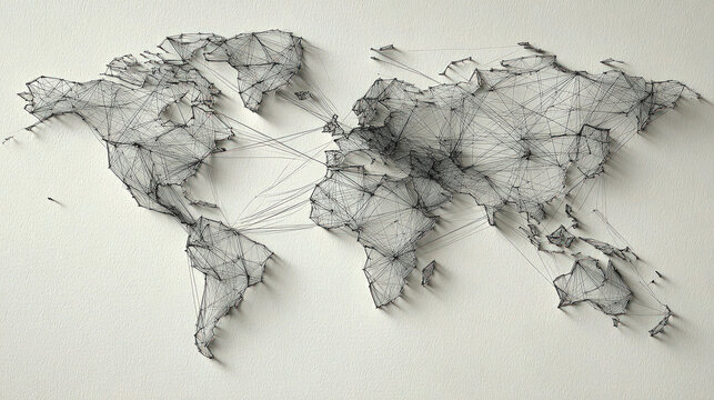 String world map made with pins and threads on textured white paper, soft studio shadows and connections across continents, close-up with negative space, concept of global connectivity, data networks