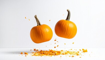 Two bright orange pumpkins suspended mid-air above scattered crumbs on a white surface—evoke crafted levitation, symbolic harvest, and the rhythm of playful motion and autumnal texture.