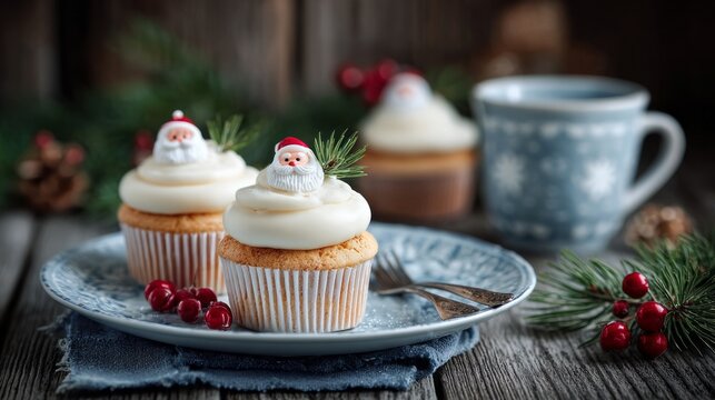 Two santa cupcakes with frosting and pine needles on top of a blue plate