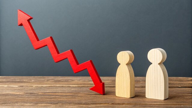 Downward Red Arrow with Wooden Figures &ndash; Symbolic Economic Decline and Financial Crisis Concept, Business Loss and Human Impact Illustration on Dark Background