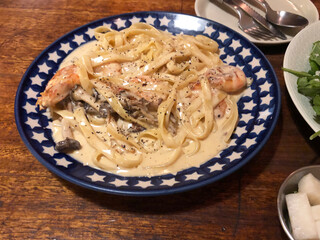 Fettuccine Cream Pasta with Shrimp and Mushrooms